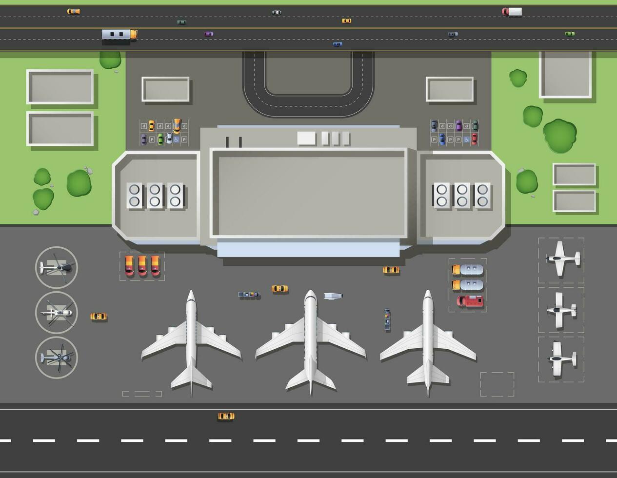 aeroporto terminale superiore Visualizza. cartone animato hangar, pista di decollo, carico e passeggeri aereo su parcheggio la zona, servizio veicoli aereo superiore Visualizza. vettore città aeroporto alto illustrazione