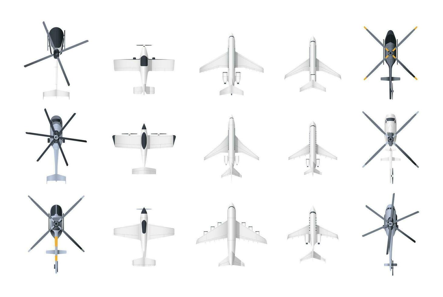 aerei e elicotteri superiore Visualizza. cartone animato militare e civile aviazione aereo, passeggeri e carico aereo e elicottero Modelli collezione. vettore impostato