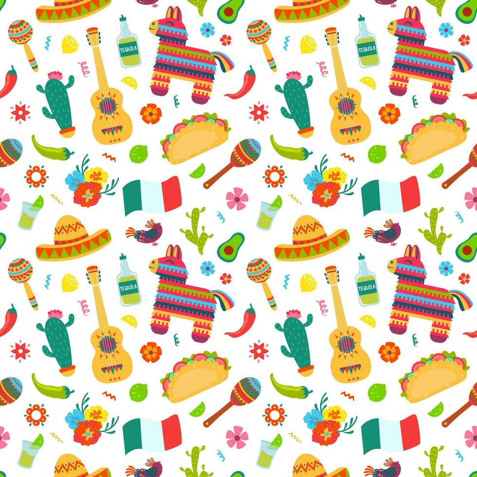 messicano elementi senza soluzione di continuità modello. sombrero, chitarra e cactus, Tequila e chili tradizionale americano cultura simboli vettore struttura