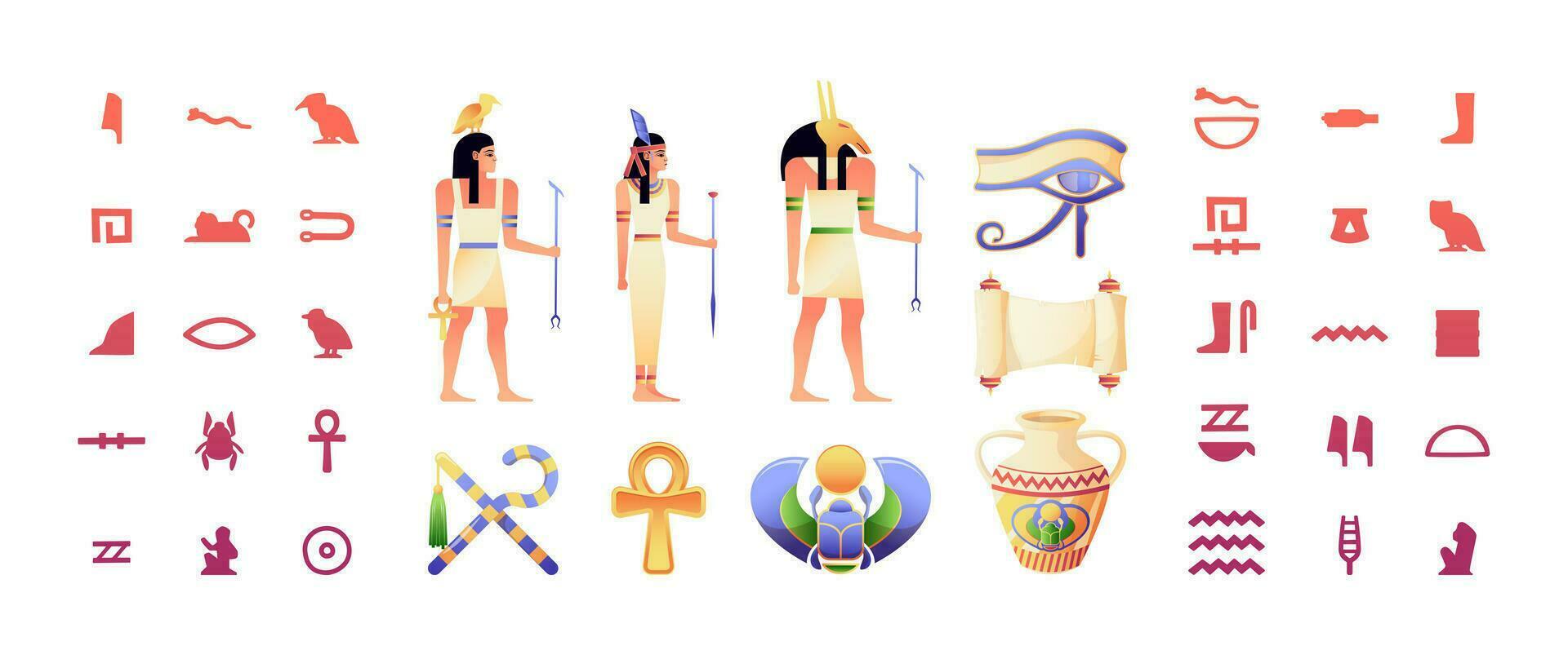 egiziano elementi. antico Egitto geroglifico e tradizionale personaggi Faraone Dio tempio sfinge, vecchio antico religione simboli. vettore collezione