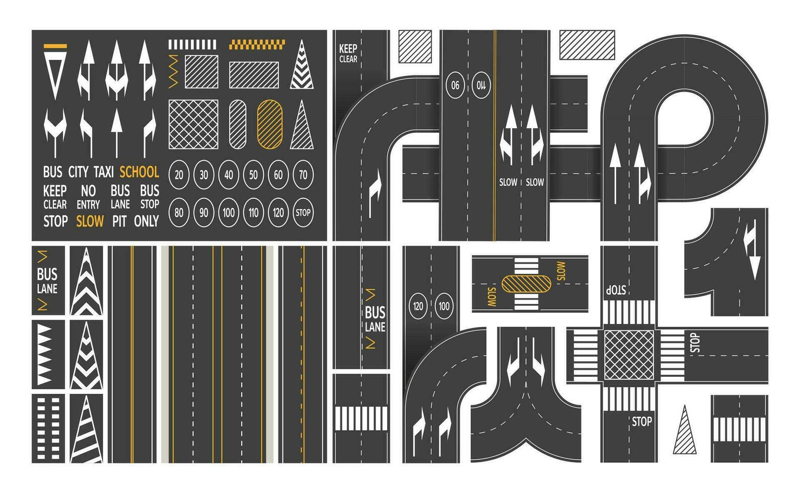 incrocio con marcatura. cartone animato strada giunzione con attraversamento pedonale tavole pedone percorsi superiore Visualizza, vuoto strada con navigazione markup. vettore piatto illustrazione