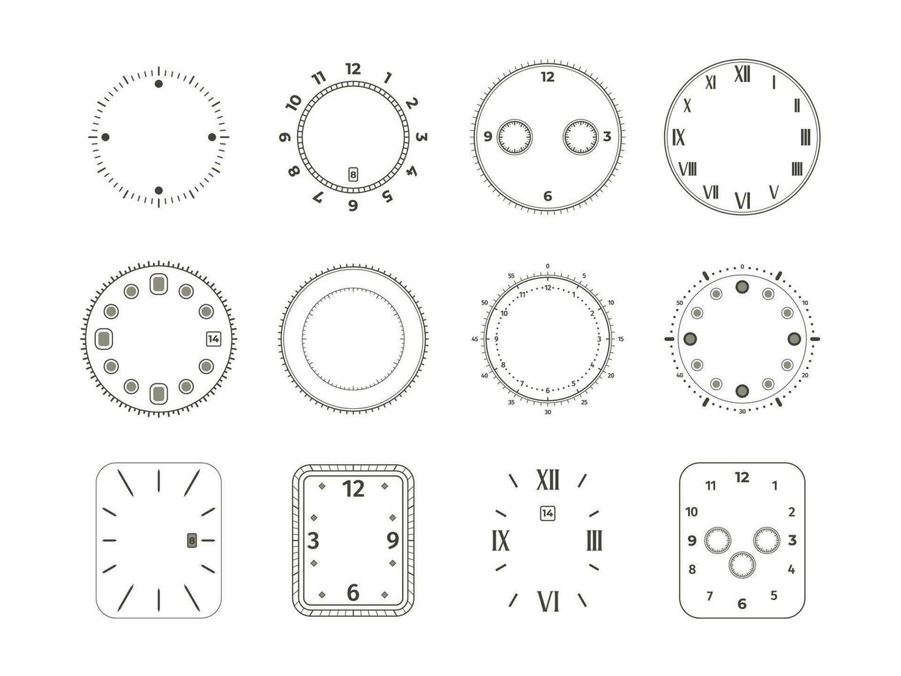analogico orologio viso. orologio comporre con tempo numeri cronometro cronometro, elegante Vintage ▾ cerchi meccanico orologio da polso elementi. vettore isolato impostato