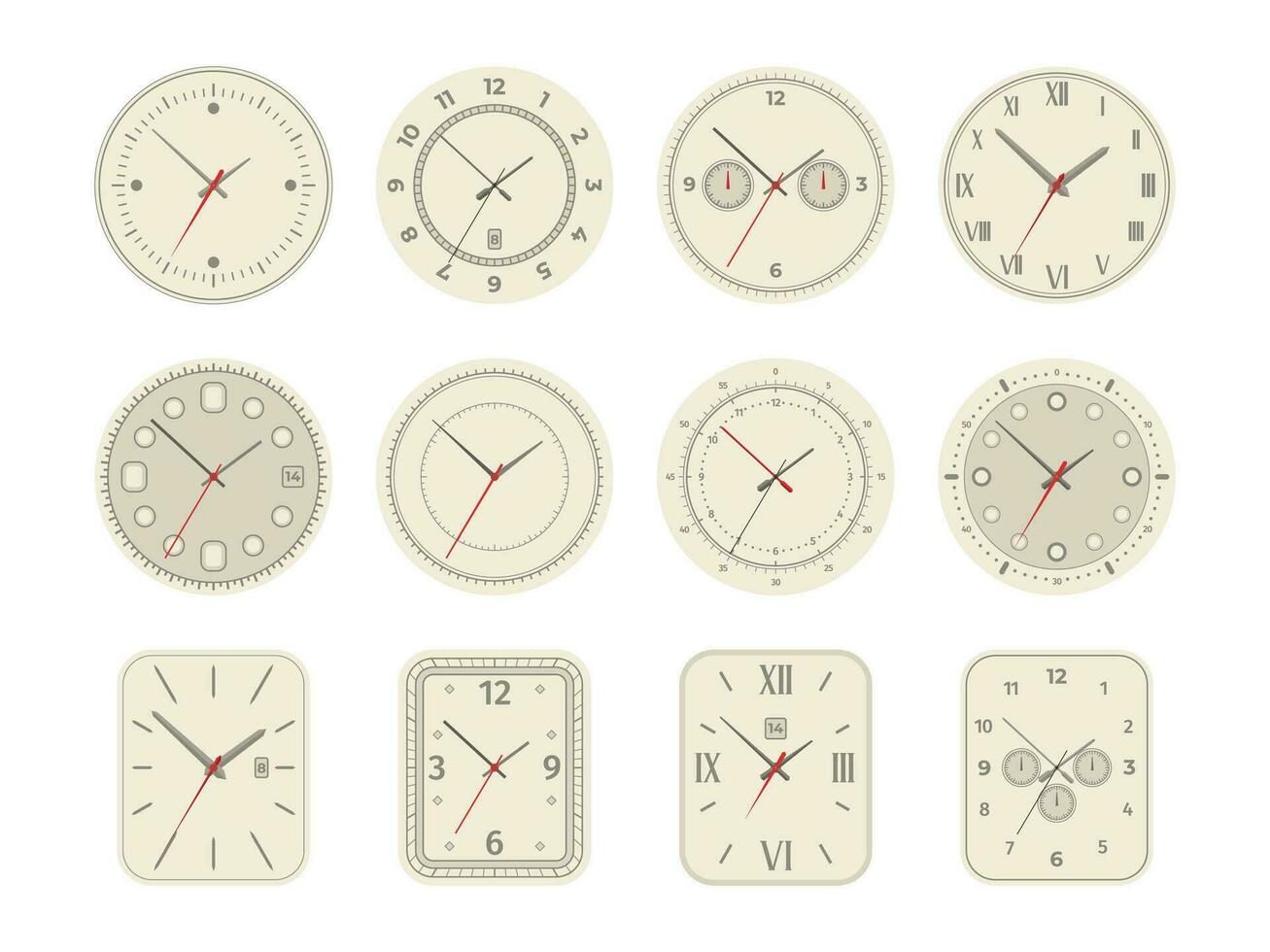 analogico orologio comporre. meccanico orologio viso con Arabo romano numeri secondo minuto mano, orologio da polso impostato con cronometro tempo giorno simboli. vettore collezione