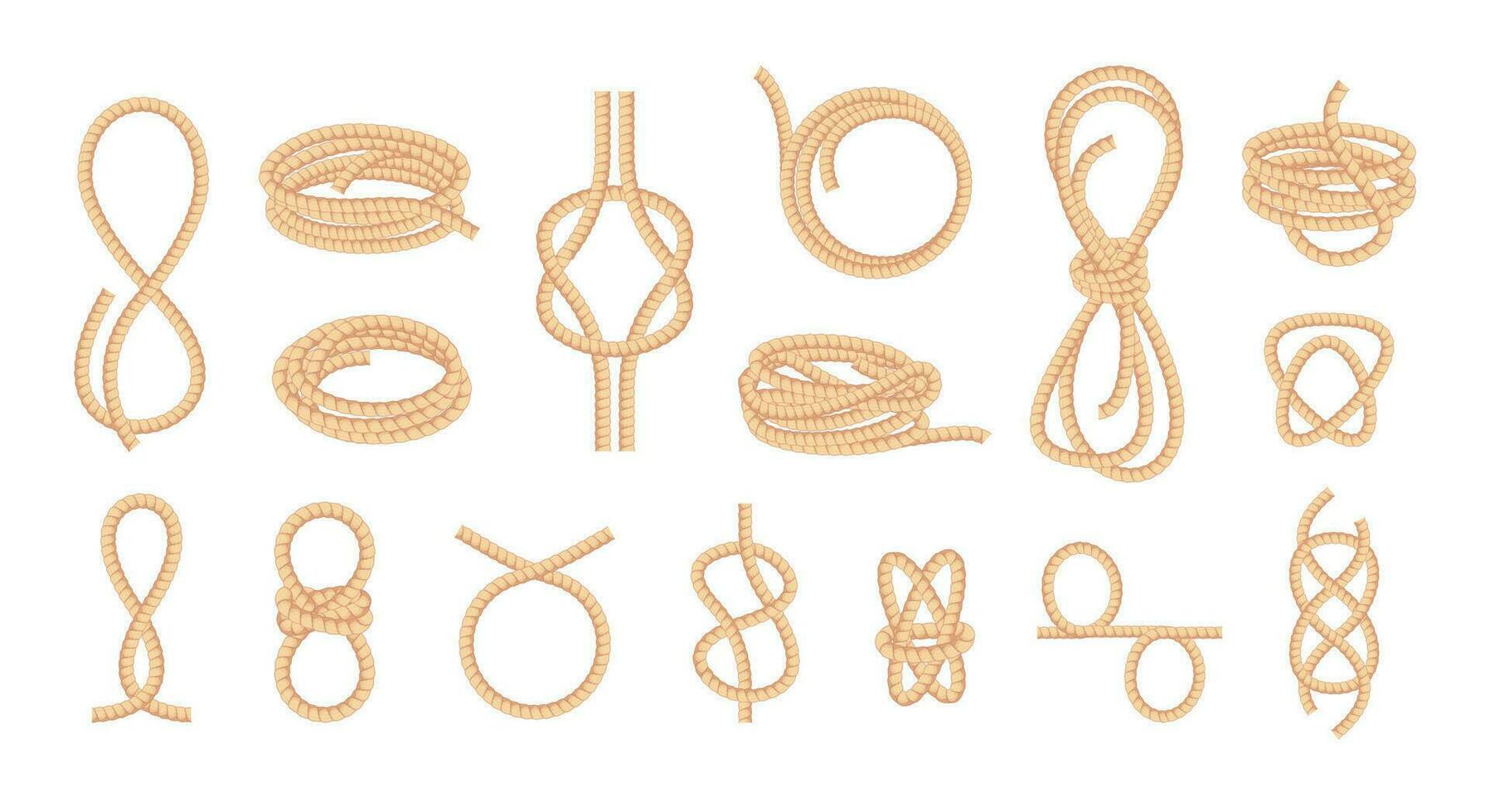 annodato corde. loop bowknot contorto curva dritto fibra filo, intrecciato cordone nodo corda cravatta elementi cartone animato piatto stile. vettore isolato collezione