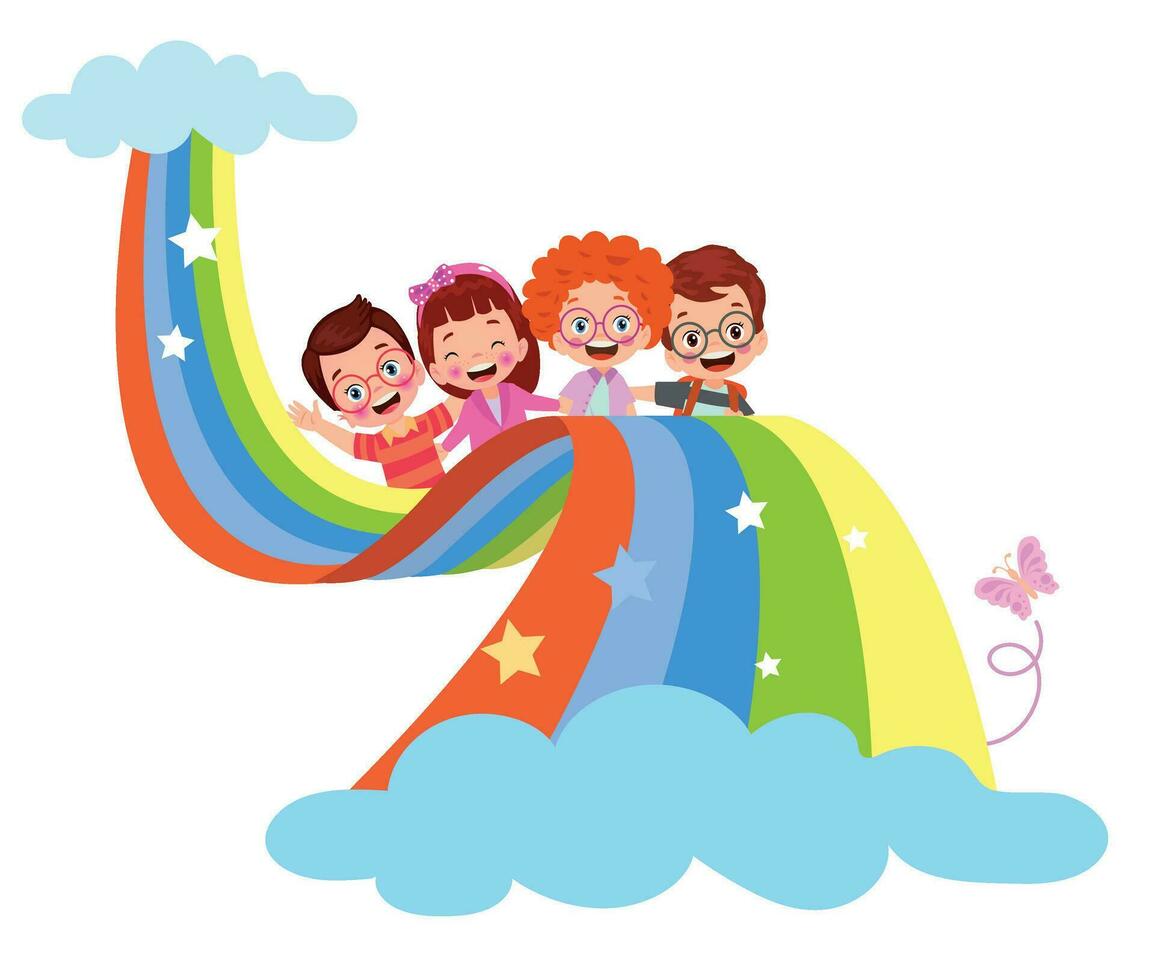 bambini giocando su un' arcobaleno. vettore illustrazione nel piatto cartone animato stile.