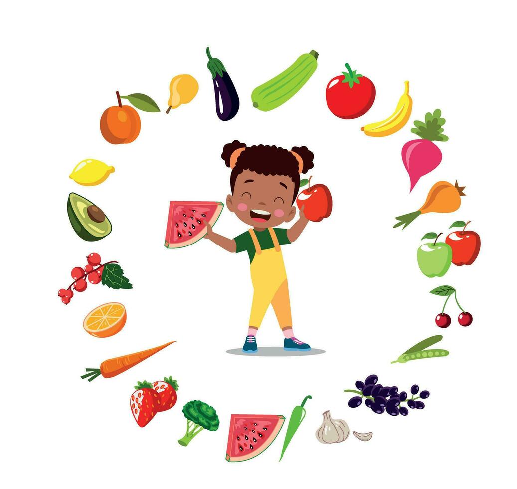 carino bambini mangiare assortito frutta vettore