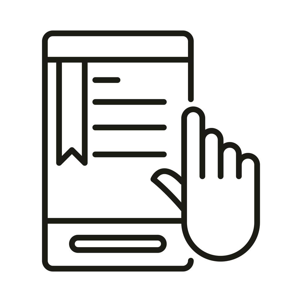 ebook per smartphone facendo clic sull'icona dello stile della linea di elearning per l'istruzione e lo sviluppo online della mano vettore