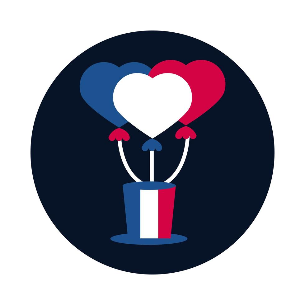 palloncini cuore francia sopra blocco cappello e disegno vettoriale icona stile piatto
