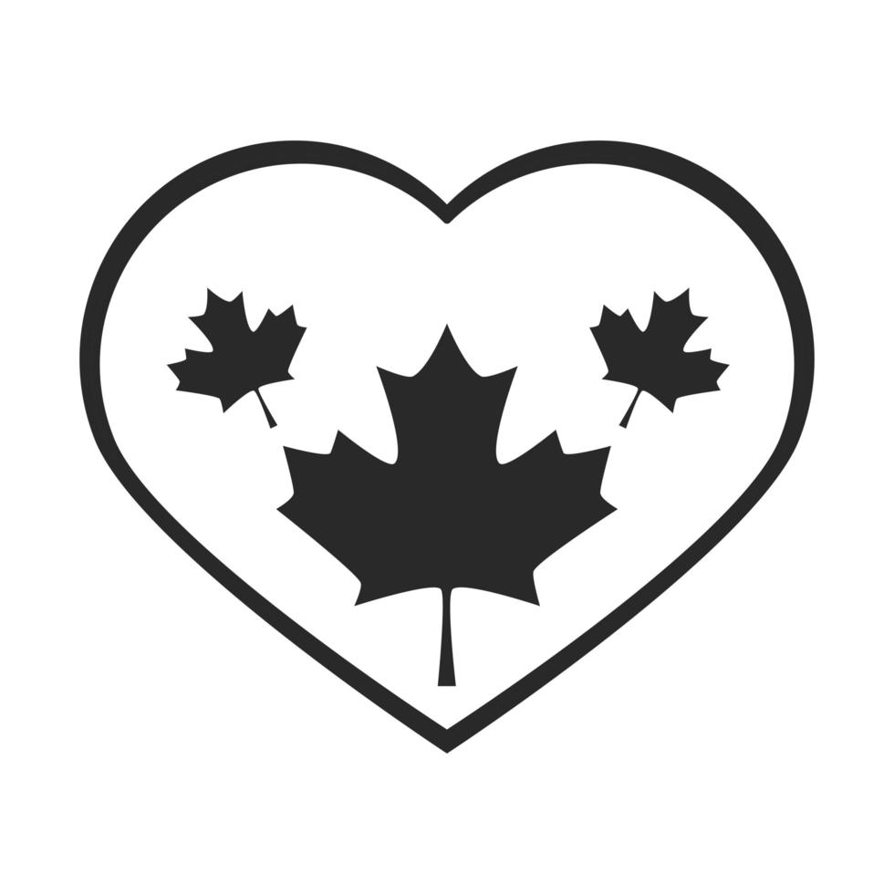 Canada day maple leafs in heart love country celebrazione silhouette style icon vettore