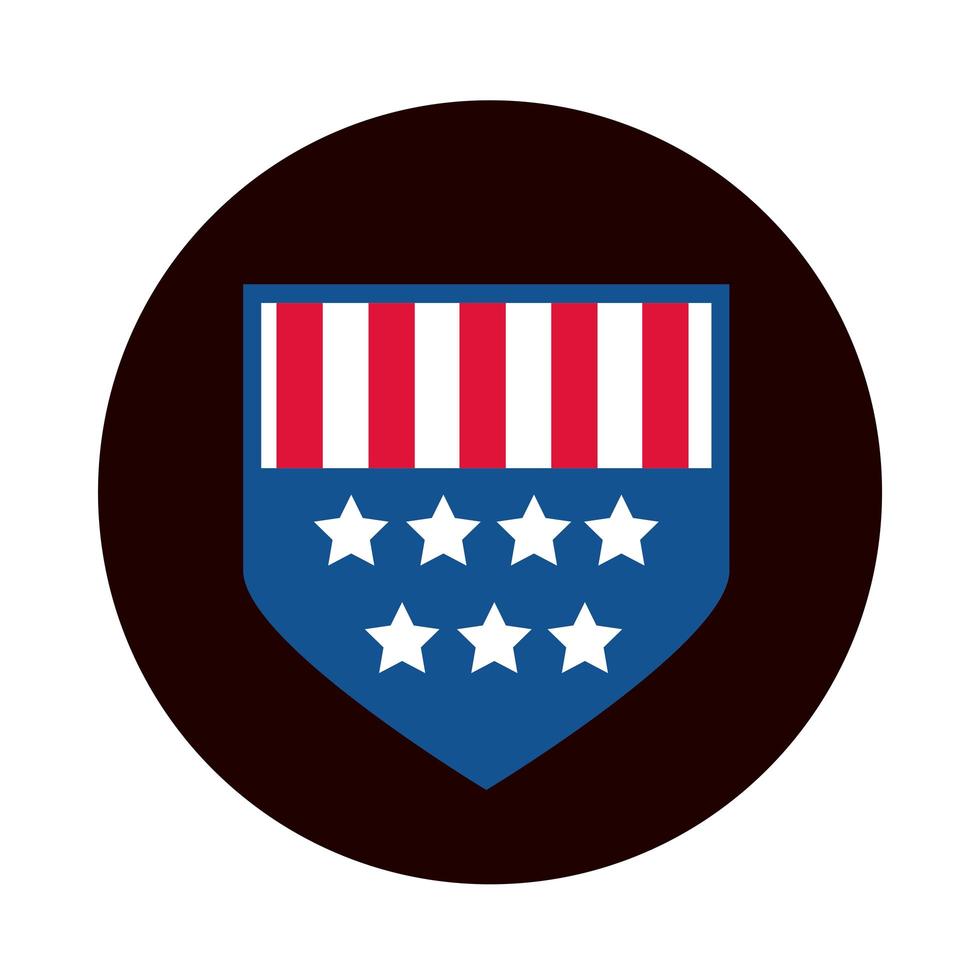 4 luglio giorno dell'indipendenza bandiera americana scudo insegne blocco e icona di stile piatto vettore