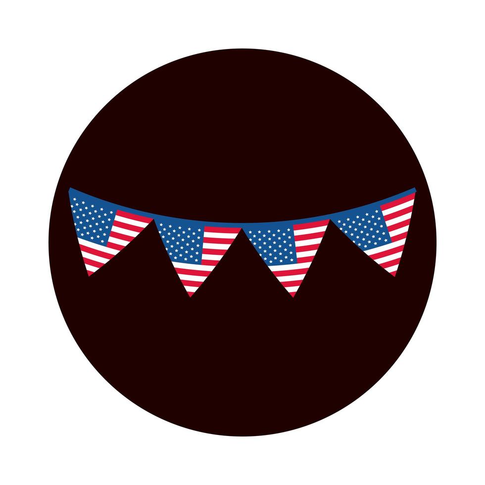 Bandiera americana del giorno dell'indipendenza del 4 luglio in blocco di decorazione di gagliardetti e icona di stile piatto vettore