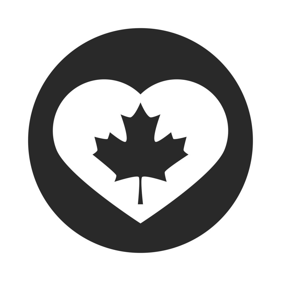 foglia d'acero del giorno del canada nell'icona di stile della siluetta della decorazione del distintivo del cuore vettore