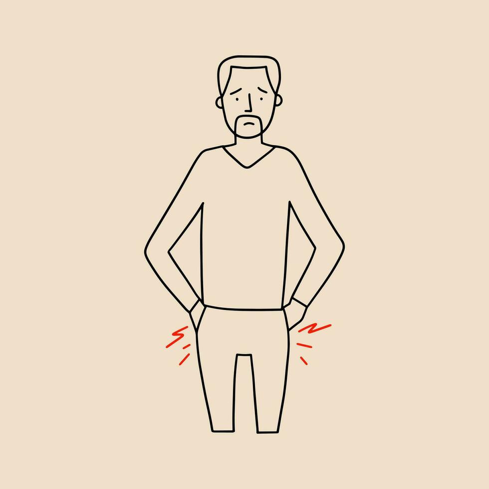 un' uomo detiene il suo mani su infiammato articolazioni o emorroidi. vettore illustrazione nel linea stile.