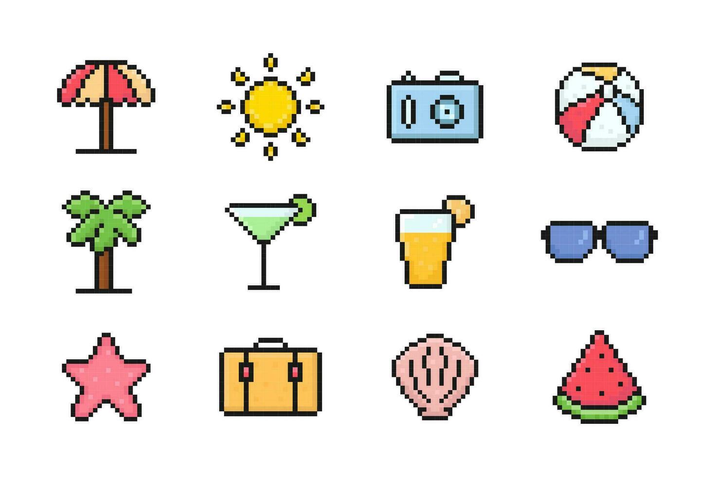 estate pixel impostato di icone, Vintage ▾, 8 morso, anni 80, anni 90 Giochi, computer portico gioco Oggetti, spiaggia ombrello, sole, occhiali da sole, succo, palma, conchiglia, mare stella, valigia, anguria, sfera, telecamera vettore