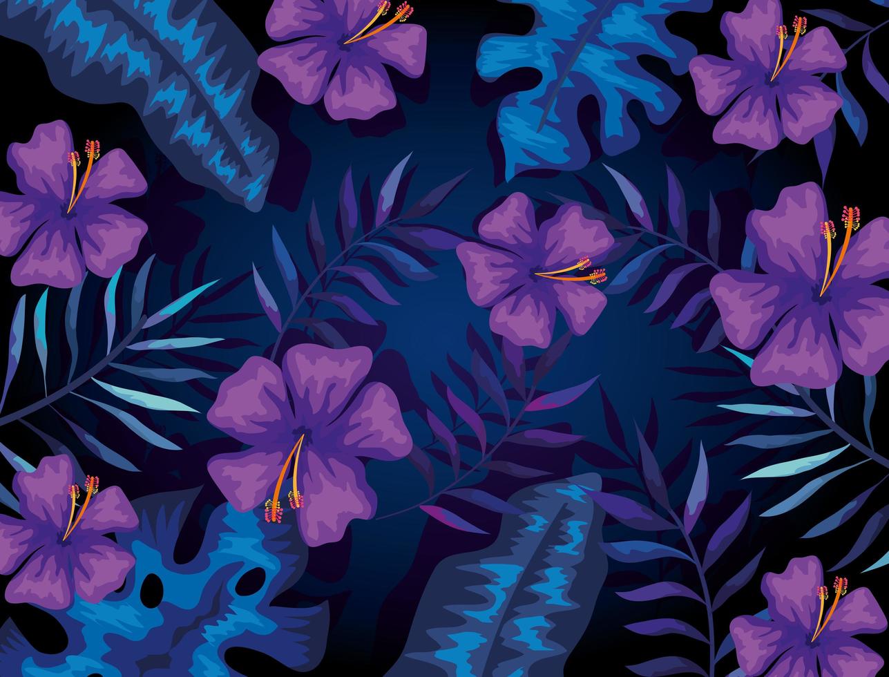 sfondo di fiori viola e foglie tropicali vettore