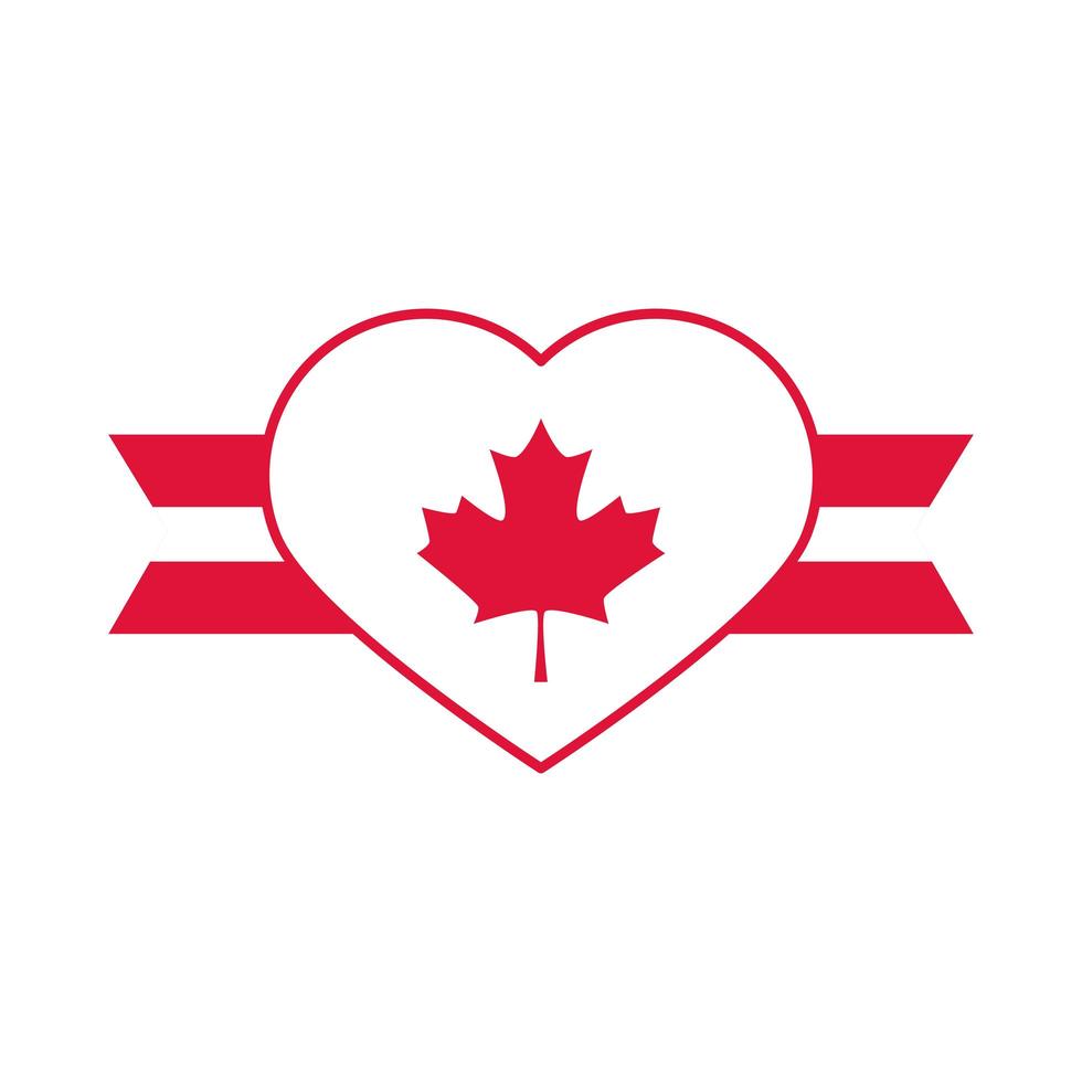 cuore del giorno del canada con icona di stile piatto design decorazione nastro foglia d'acero vettore