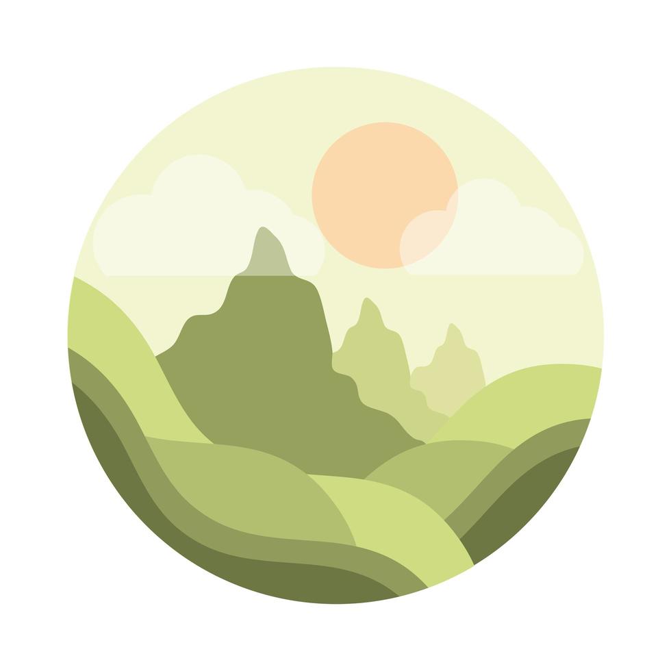 paesaggio natura sole montagne colline scena verde stile piatto icona vettore