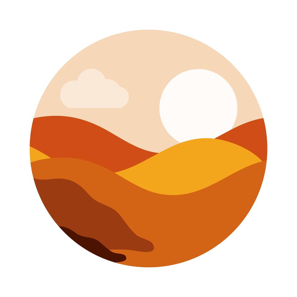 paesaggio natura deserto dune di sabbia sole cielo piatto stile icona vettore