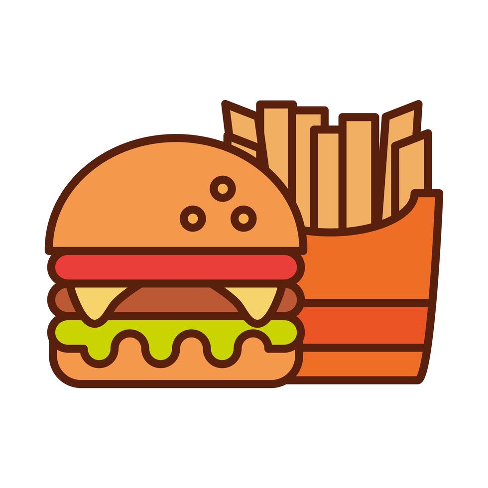 fast food hamburger e patatine fritte cena e menu pasto gustoso e linea malsana e icona di riempimento vettore
