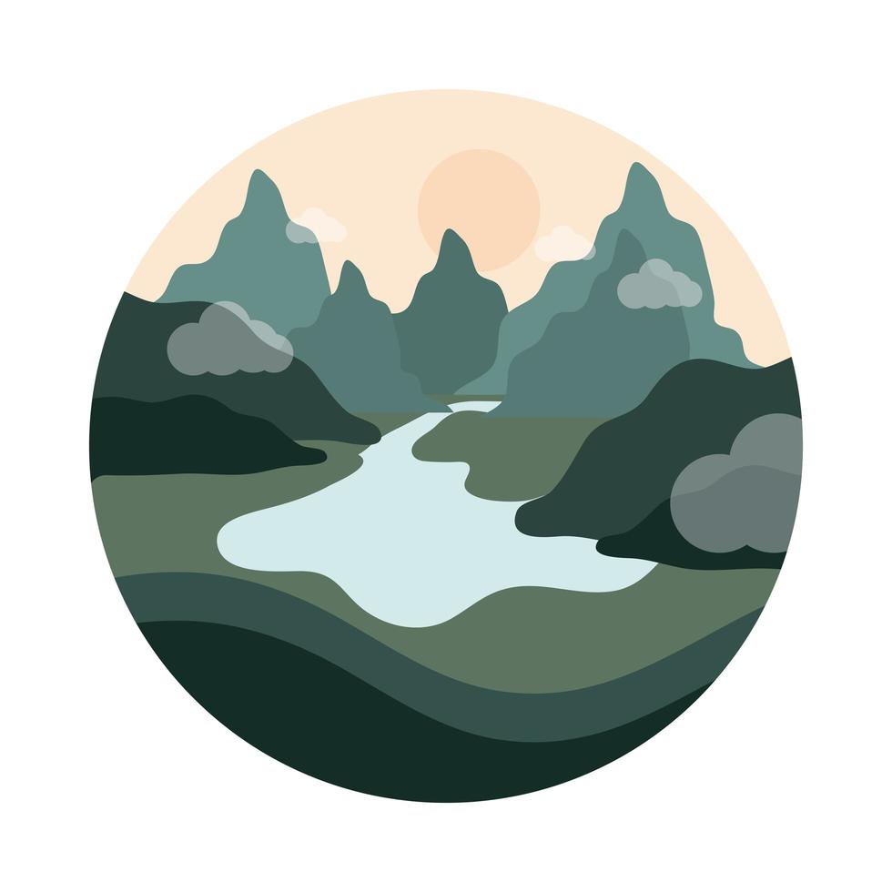 paesaggio natura fiume montagne valle scena stile piatto icona vettore