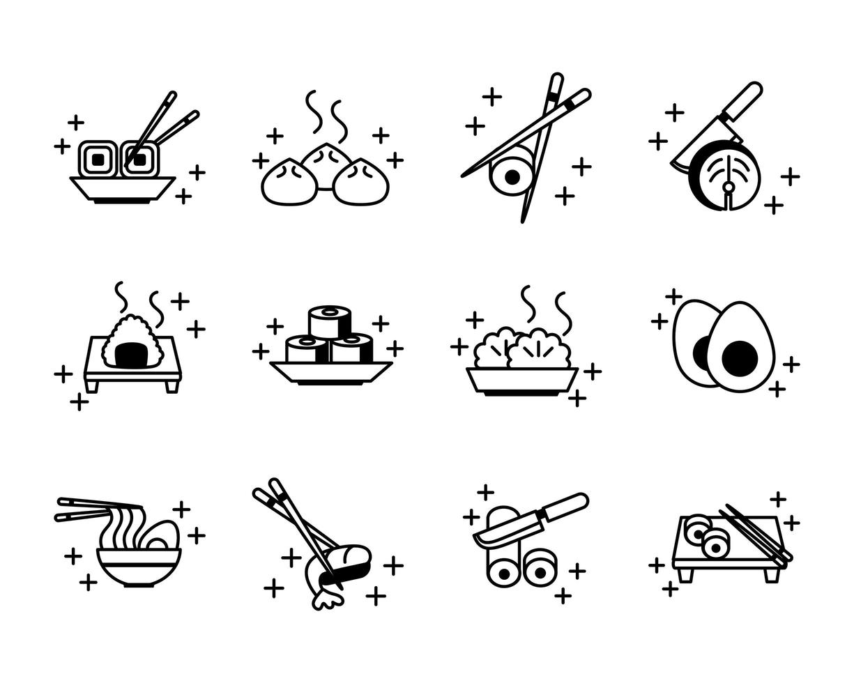 le icone del menu orientale di sushi impostano l'icona dello stile della linea vettore