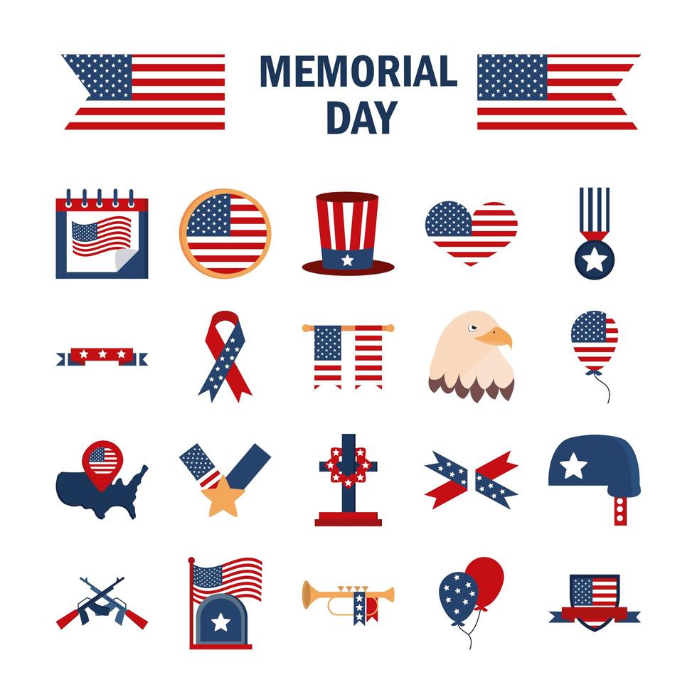 le icone della celebrazione nazionale americana del memorial day hanno impostato l'icona di stile piatto vettore