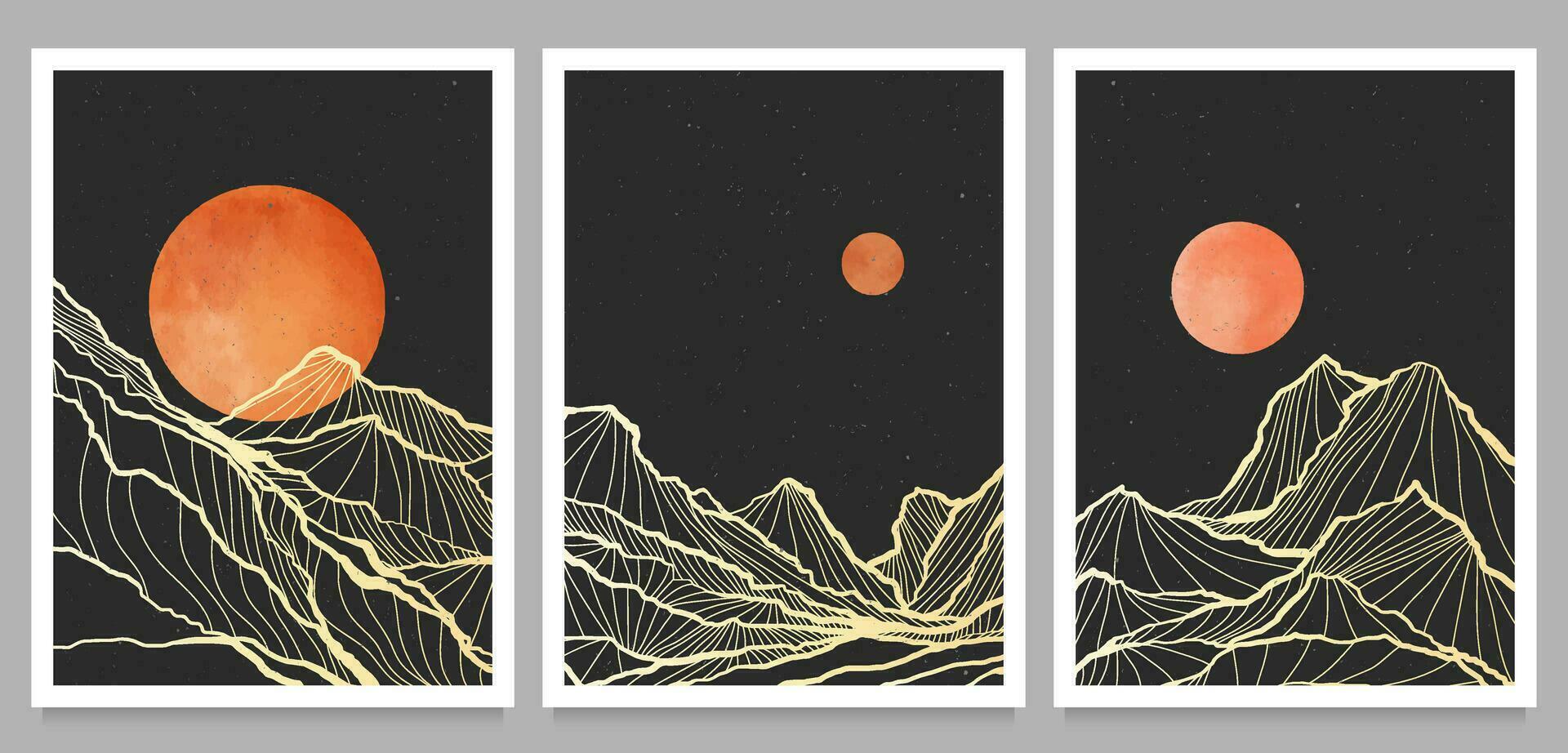 impostato di montagna paesaggio illustrazione. mano disegnato stile di creativo minimalista moderno linea arte Stampa. astratto contemporaneo estetico sfondo paesaggio. con montagne, colline, chiaro di luna vettore