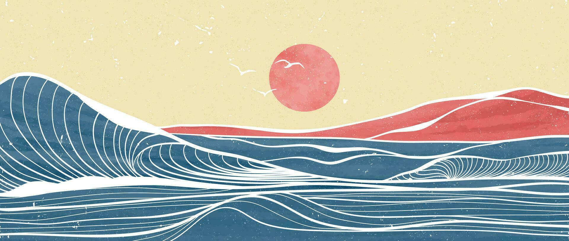 oceano onda paesaggio illustrazione. creativo minimalista moderno pittura e linea arte Stampa. astratto contemporaneo estetico sfondi paesaggi. con oceano, mare, tramonto, onda vettore