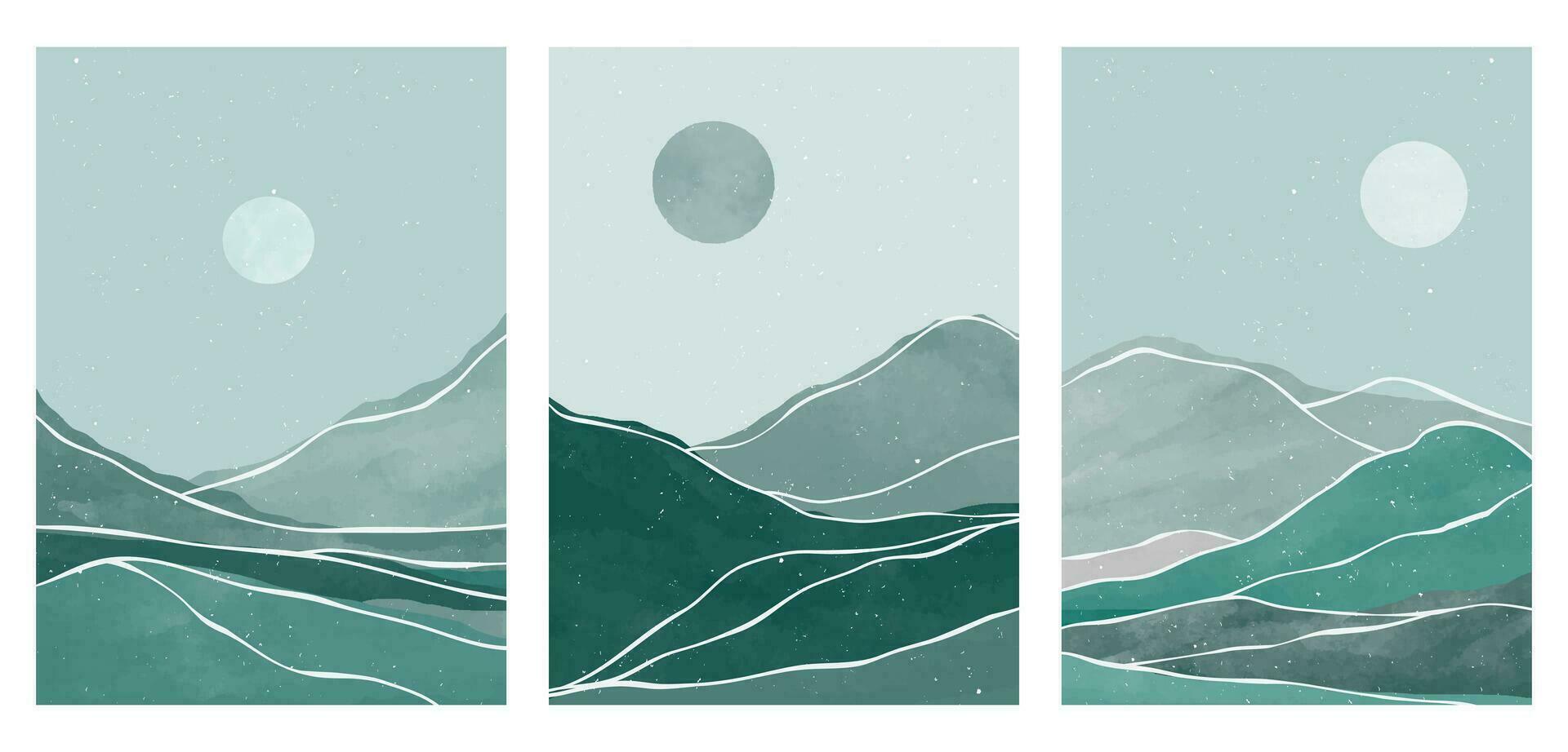 montagna paesaggio illustrazione. medio secolo moderno arte Stampa su impostare. astratto contemporaneo estetico sfondi paesaggi. montagna, mare, Luna e sole vettore