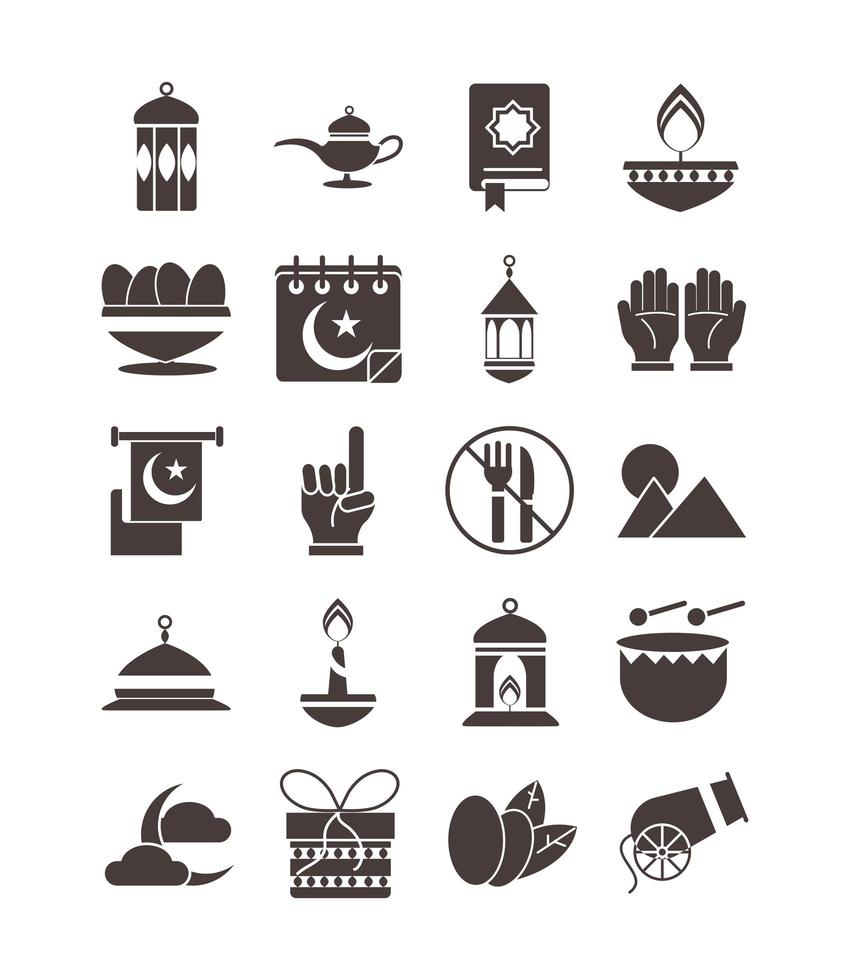 set di icone di celebrazione islamica araba ramadan icona di stile silhouette vettore