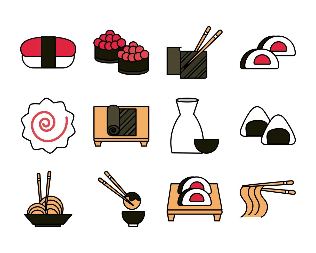le icone del menu orientale di sushi impostano l'icona dello stile di linea e riempimento vettore
