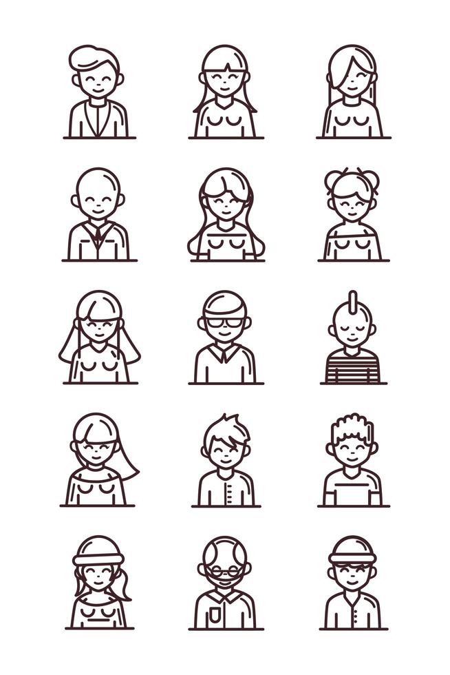 avatar maschio femmina uomini donne personaggio dei cartoni animati persone icone set icona stile linea vettore