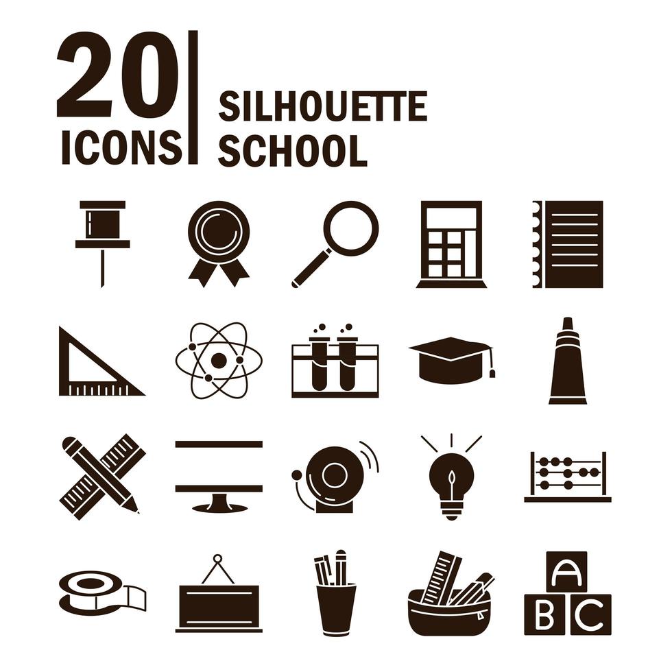 l'istruzione scolastica impara le icone della cancelleria della fornitura impostano l'icona di stile silhouette vettore