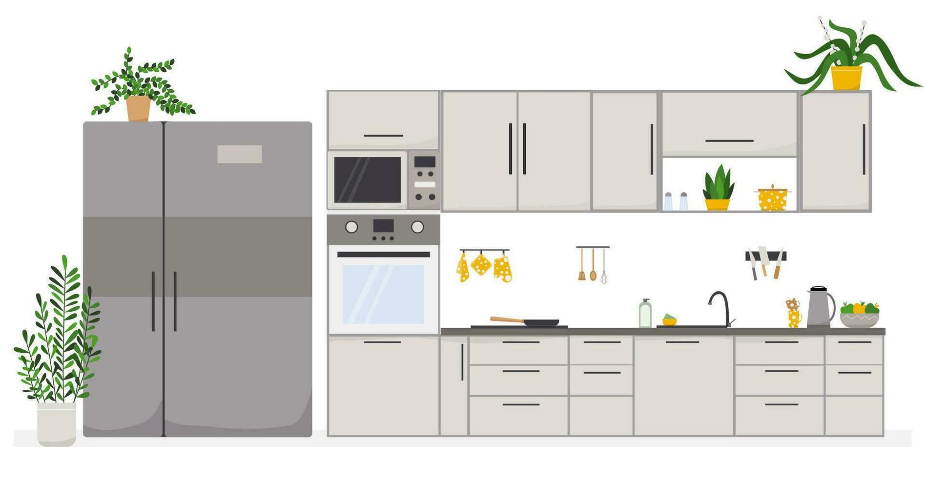 cucina interno con arredamento, piatto stile vettore illustrazione
