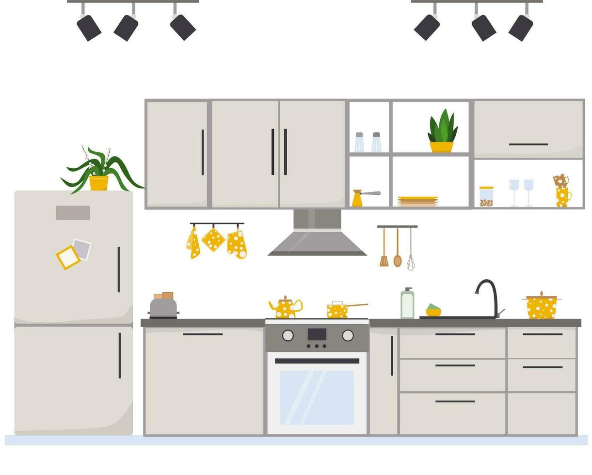 cucina interno con arredamento, piatto stile vettore illustrazione