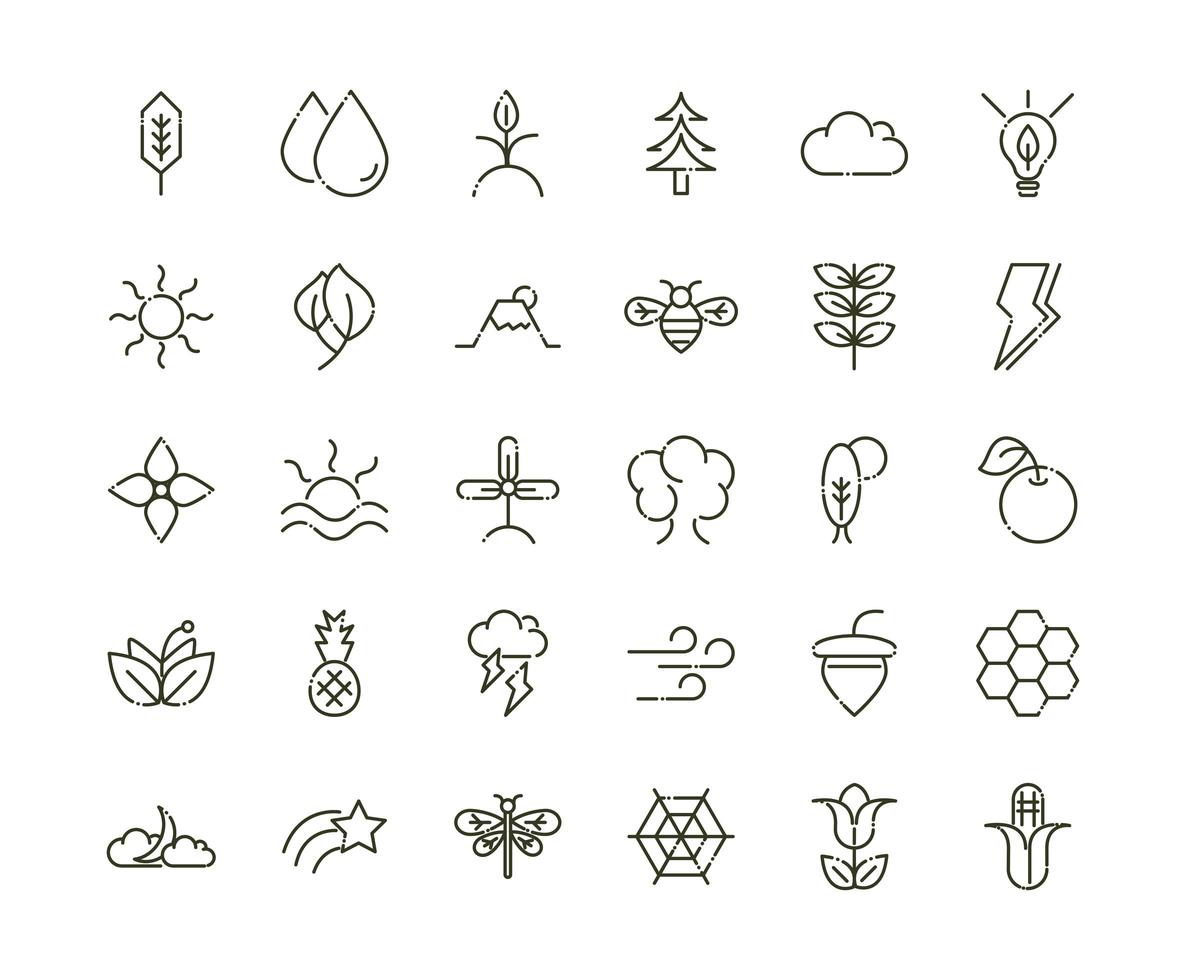 set di icone del design della linea della natura dell'ecologia del fogliame della foresta vettore