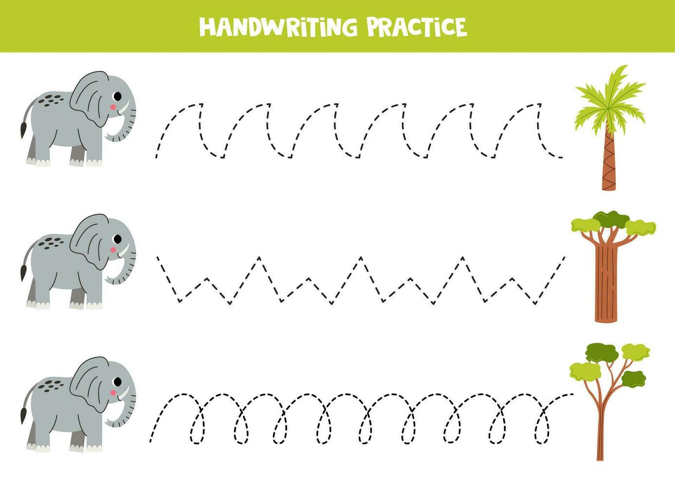 grafia pratica con carino elefante. tracciato Linee per bambini in età prescolare. vettore illustrazione.