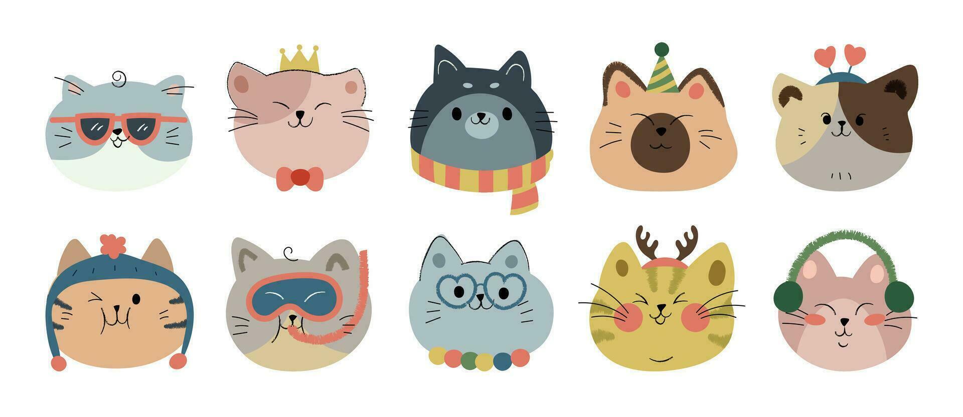 carino e Sorridi gatto teste scarabocchio vettore impostare. comico contento gatto facce personaggio con occhiali, corona, diverso Accessori, cappello nel piatto colore. carino animale domestico illustrazione design per etichetta, comico, Stampa.