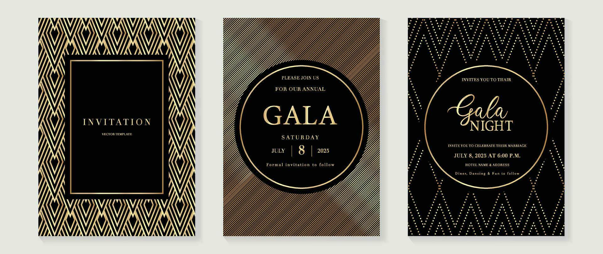 lusso gala invito carta sfondo vettore. d'oro elegante geometrico modello, oro ondulato Linee su buio sfondo. premio design illustrazione per nozze e vip copertina modello, mille dollari apertura. vettore