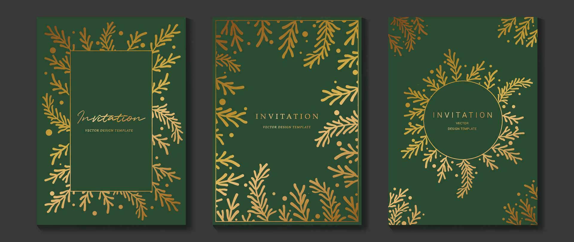 lusso gala invito carta sfondo vettore. d'oro elegante geometrico forma, oro le foglie ramo su verde sfondo. premio design illustrazione per nozze e vip copertina modello, mille dollari apertura. vettore