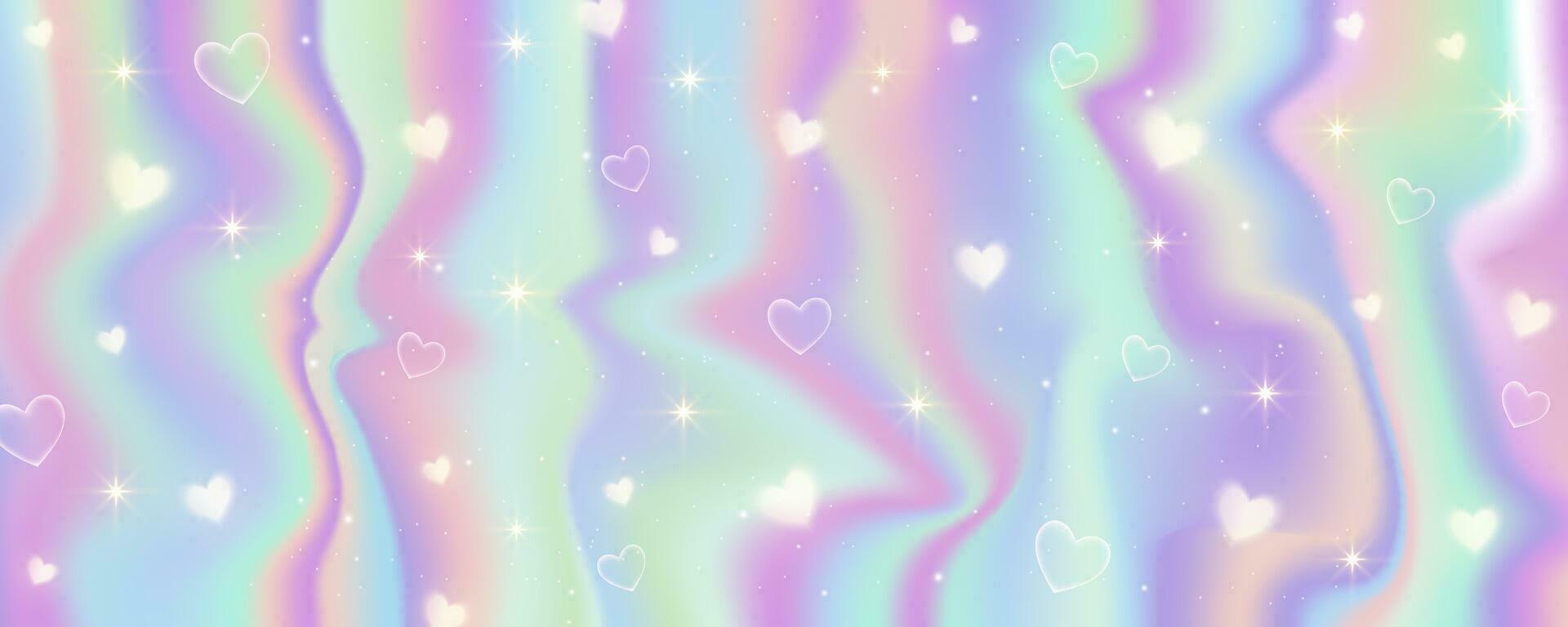 ologramma struttura sfondo con stelle e brilla. iridescente a strisce pendenza. neon arcobaleno pastello Foglio. unicorno perla sfondo. vettore