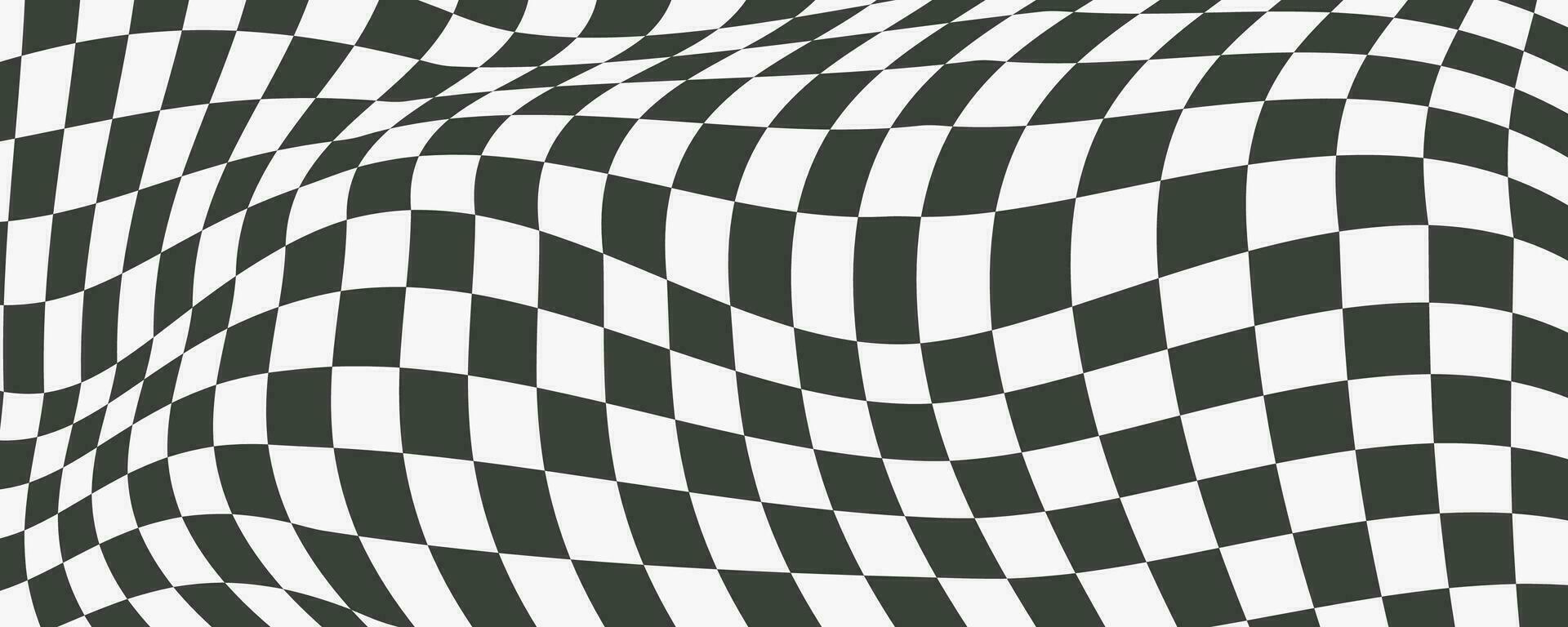 scacchiera ondulato modello. astratto scacchi piazza Stampa. nero e bianca psichedelico ottico illusione. deformato bandiera con geometrico grafico. y2k design per bandiera vettore
