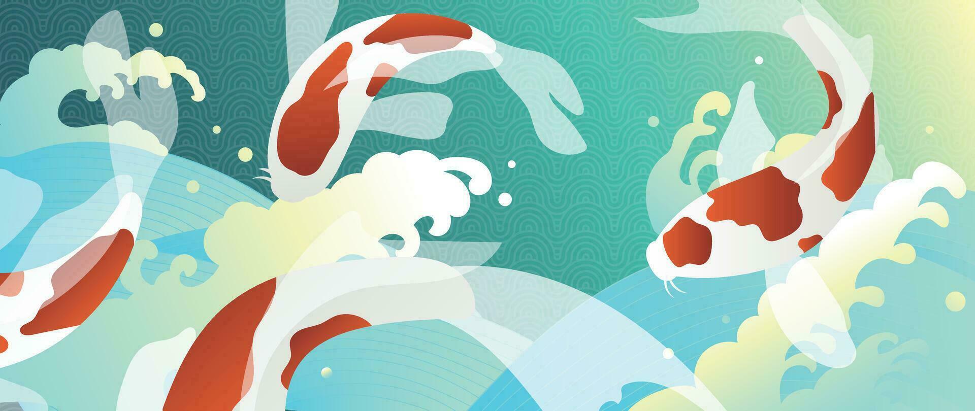 lusso orientale stile sfondo vettore. Cinese e giapponese sfondo modello design di elegante koi carpa pesce, mare onda con linea arte. design illustrazione per decorazione, parete arredamento. vettore