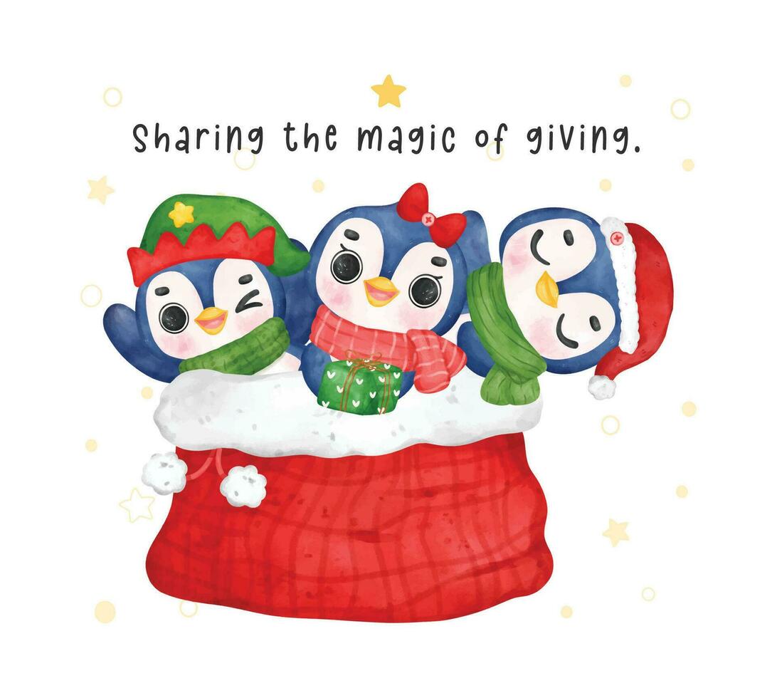 capriccioso pinguino amici nel gigante Santa sacco, cartone animato Natale acquerello illustrazione vettore