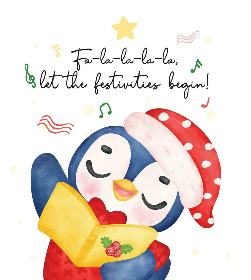 adorabile Natale caroler pinguino cantando festivo canzone. delizioso acquerello cartone animato per bambini. Perfetto per carte, inviti, e decorazioni. vettore