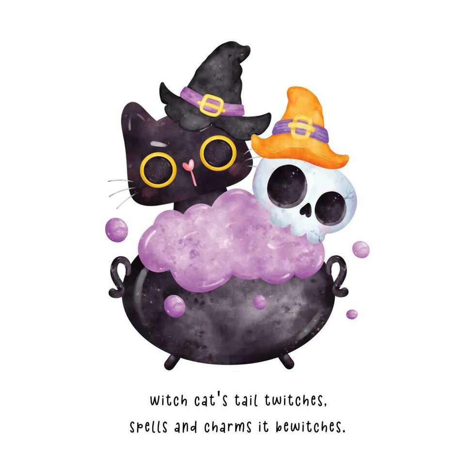carino divertente nero gatto e cranio nel strega cappello nel spumeggiante calderone, cartone animato Halloween acquerello illustrazione vettore