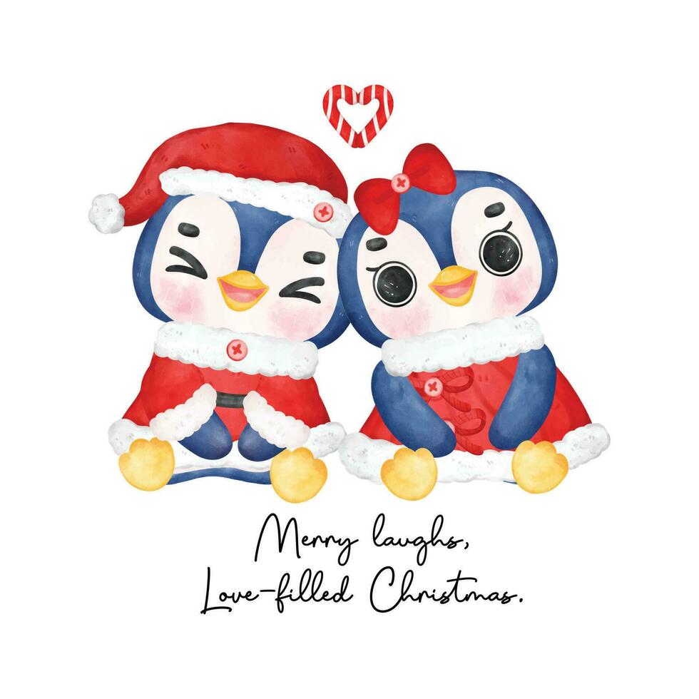 dolce pinguino coppia nel Santa vestire. carino cartone animato acquerello illustrazione vettore