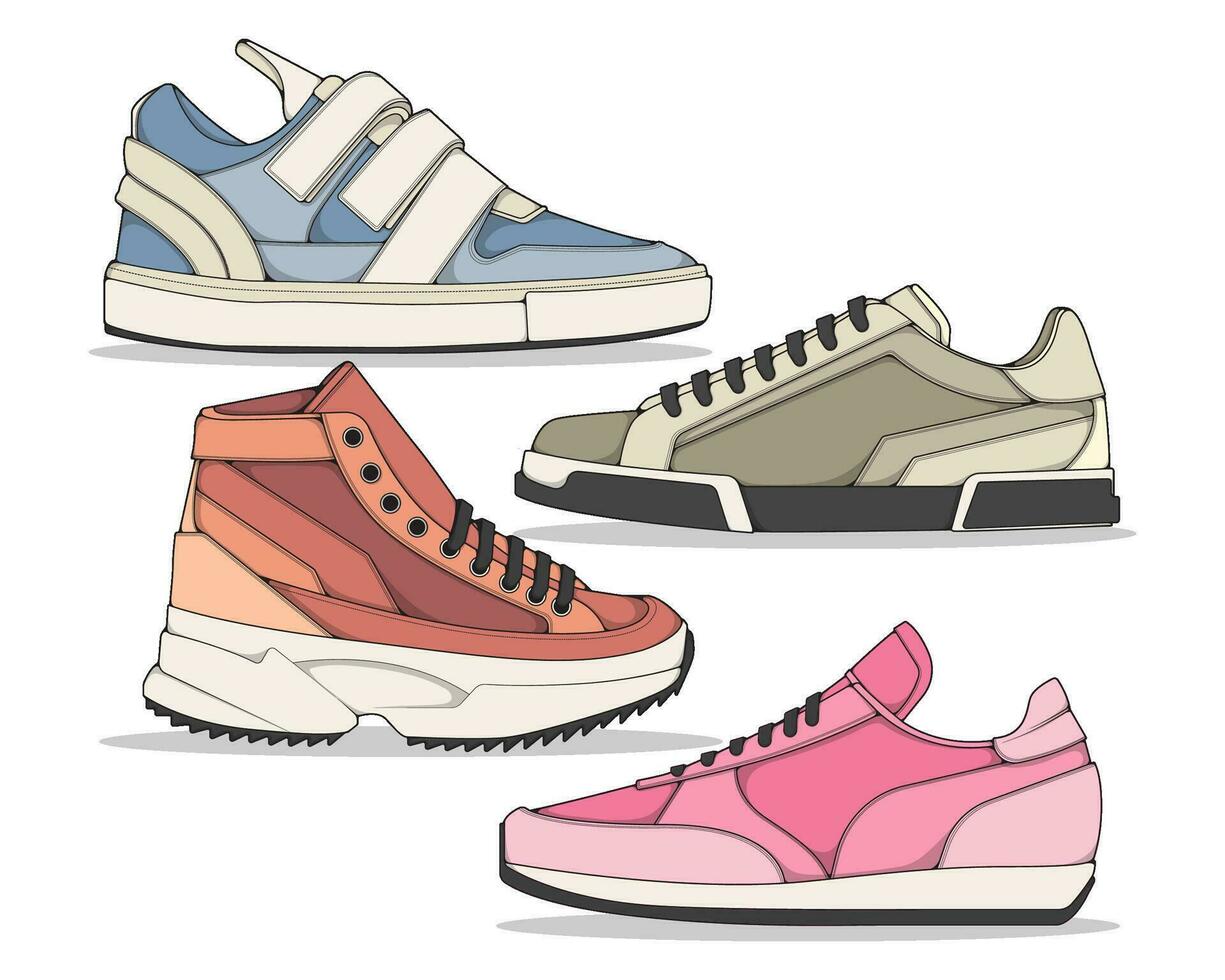 impostato di scarpe da ginnastica illustrazione nel colorato disegni, scarpe da ginnastica vettore linea arte isolato, impacchettare scarpa illustrazione modello.