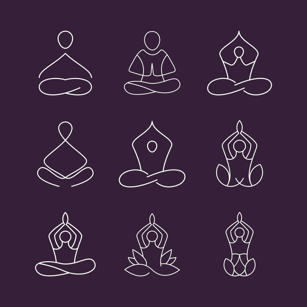 minimalista yoga pose umano linea arte logo collezione. yoga meditazione logo illustrazione vettore. vettore