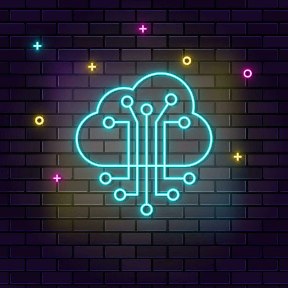 nube, inteligente, informazione, Rete icona , neon su parete. buio sfondo mattone parete neon icona. vettore